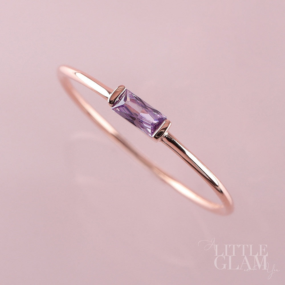 14k Solid Rose Gold Delicate Baguette Amethyst Ring