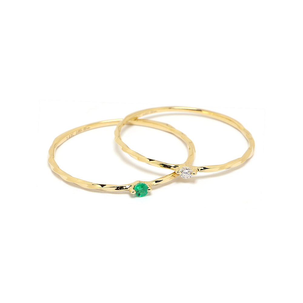 14k Solid Gold Dainty Solitaire Diamond & Emerald Twist Ring Diamond
