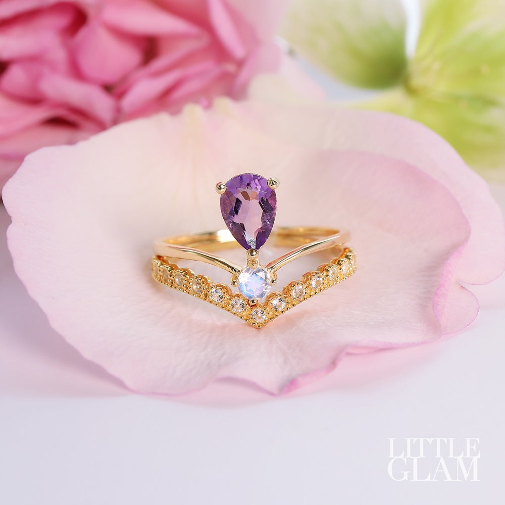 Amethyst Ring - Elegant Teardrop Amethyst & Moonstone