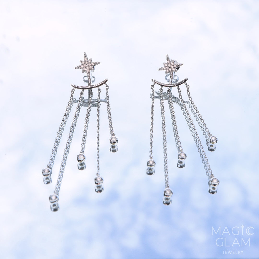 Magic Glam Jewelry Star Tassel Long Earrings - Sterling Silver