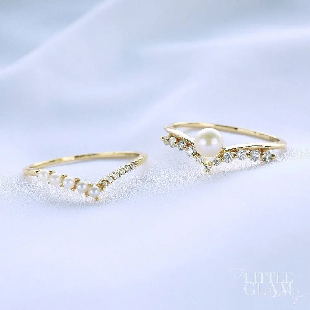 Angel Wings Pearl & Purity V Ring Set Pearl & Cubic Zirconia