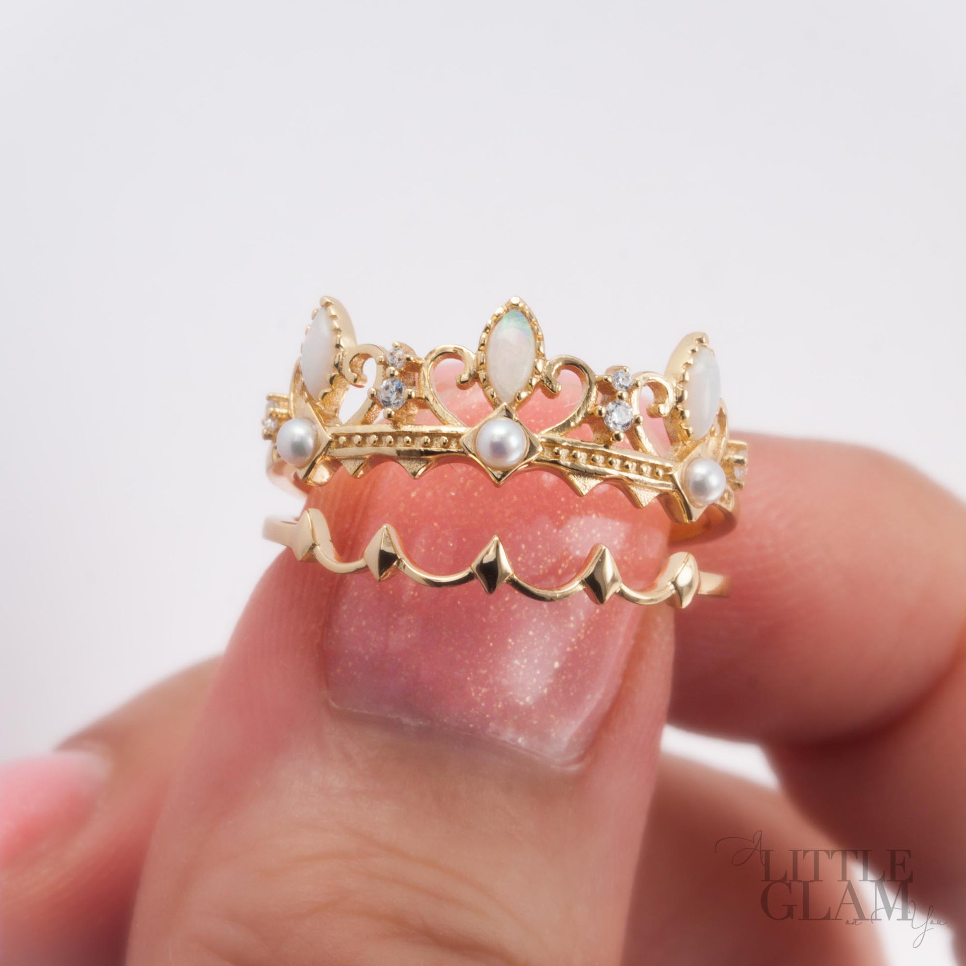 Vintage Crown Opal Ring Set Opal & Pearl & Cubic Zirconia