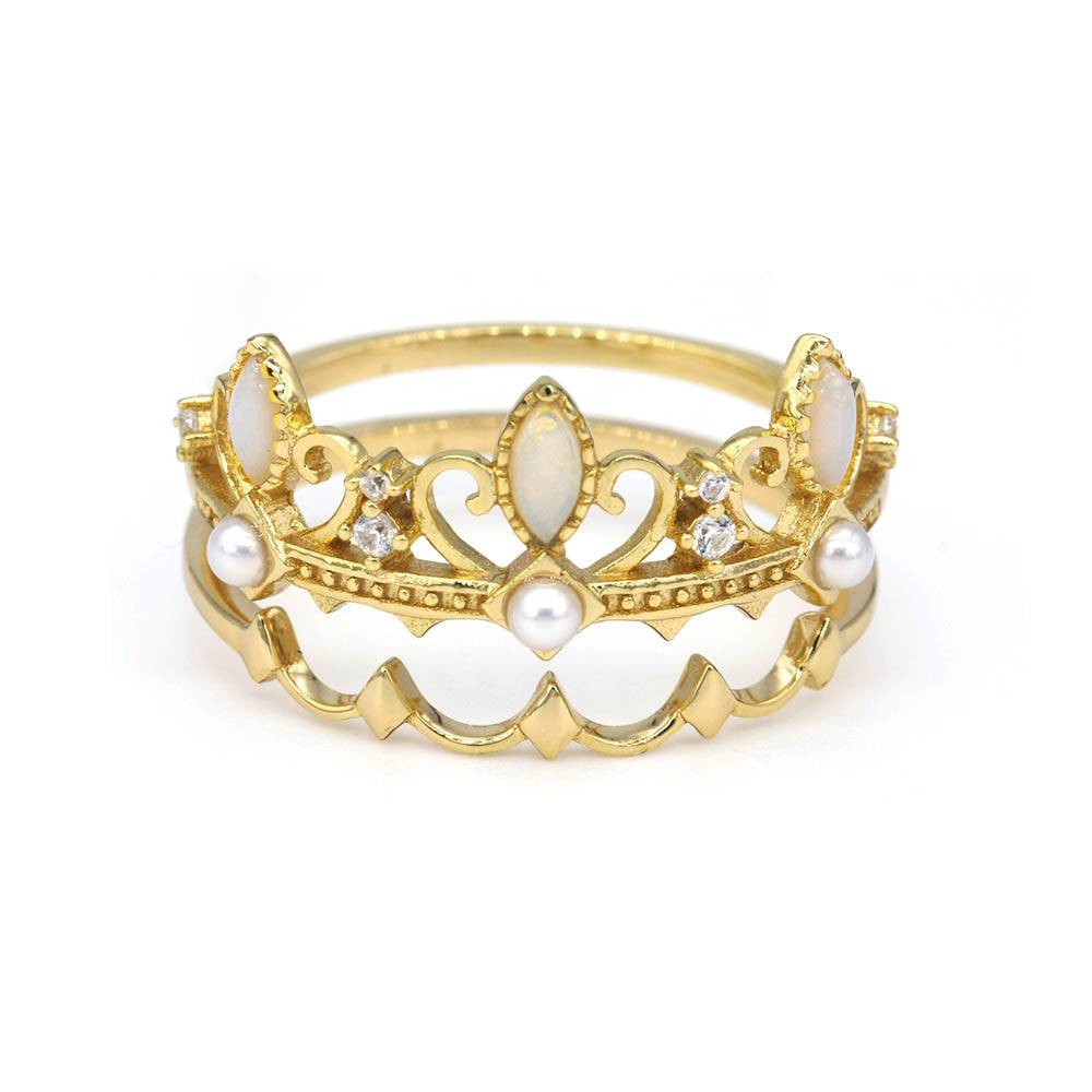 Vintage Crown Opal Ring Set Opal & Pearl & Cubic Zirconia