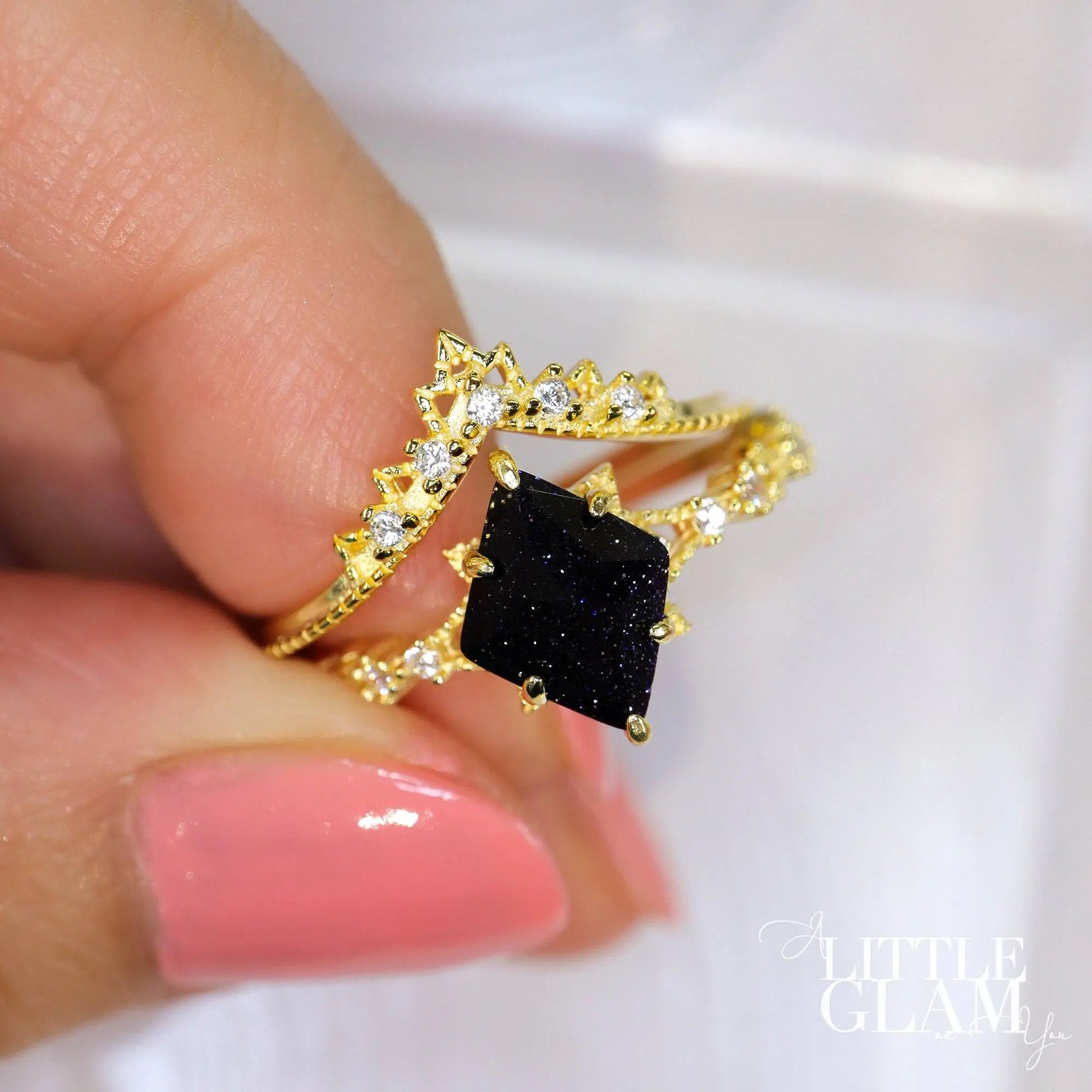 Starry Blue Sky Blue Sand Stone Ring Set Blue Sandstone & Cubic Zirconia