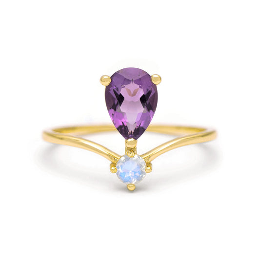 Amethyst Ring - Elegant Teardrop Amethyst & Moonstone