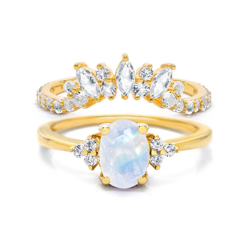 Natural Oval Moonstone & Glowing Glam Ring Set Peridot & White Topaz