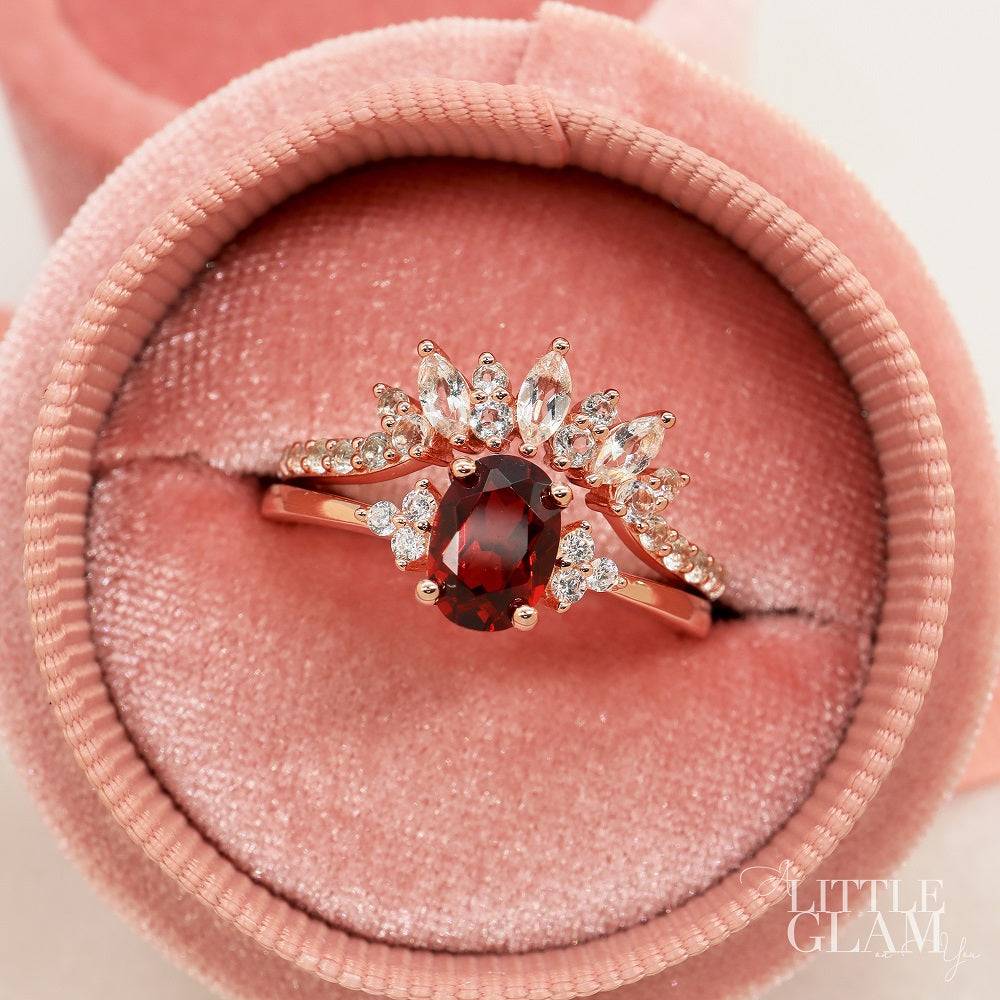 Natural Oval Garnet & Glowing Glam Ring Set Garnet & White Topaz