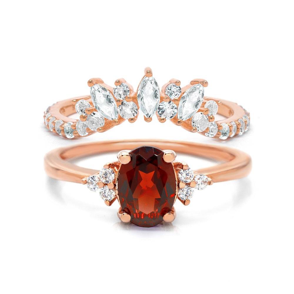 Natural Oval Garnet & Glowing Glam Ring Set Garnet & White Topaz