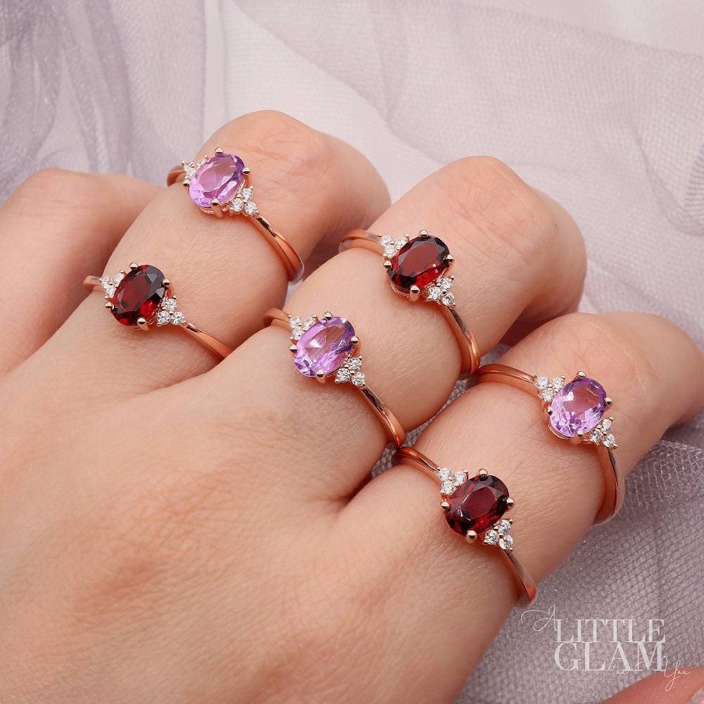 Natural Oval Garnet Ring Garnet & White Topaz
