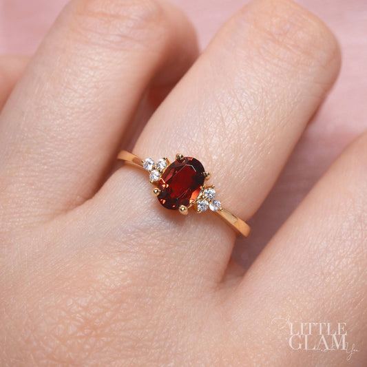 Natural Oval Garnet Ring Garnet & White Topaz