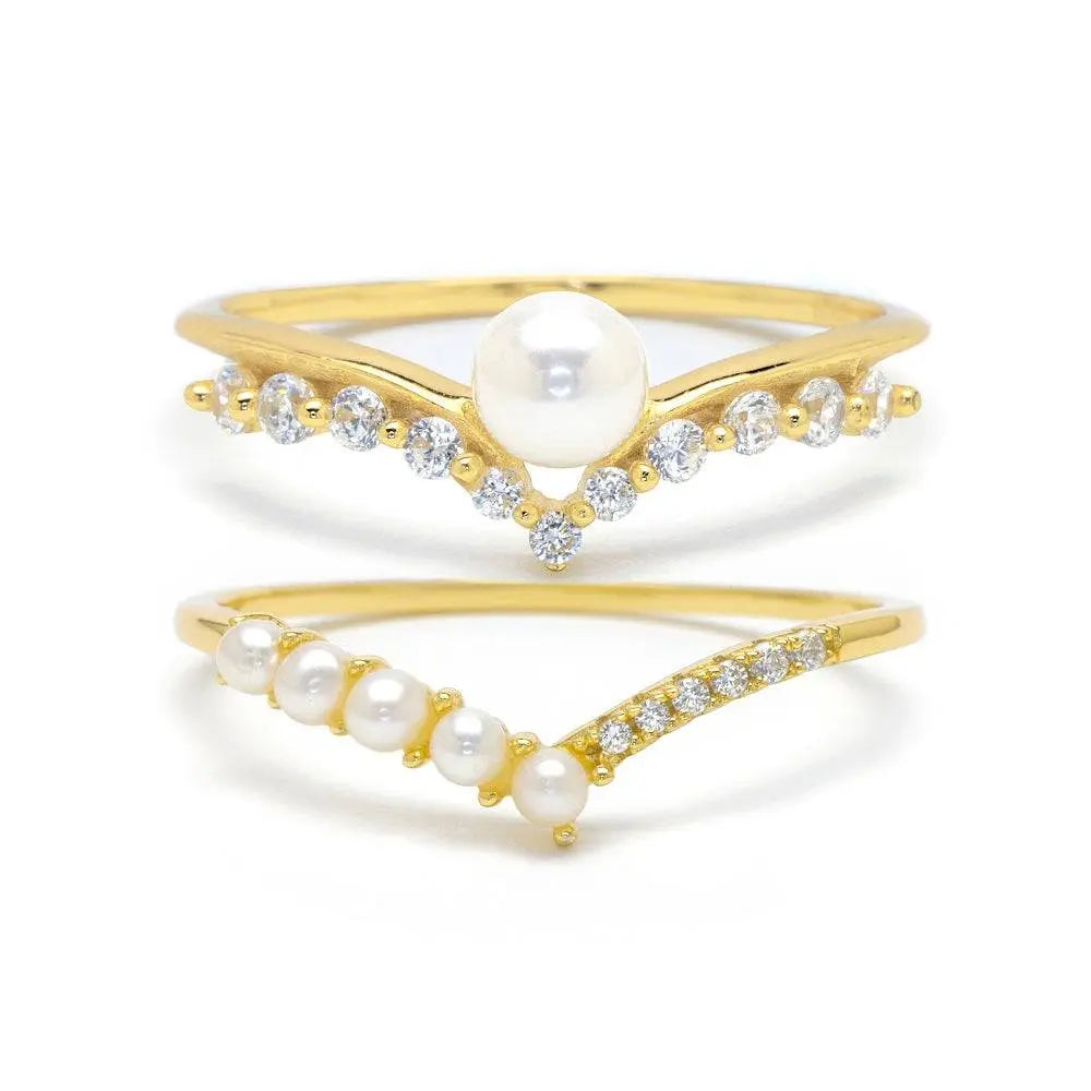Angel Wings Pearl & Purity V Ring Set Pearl & Cubic Zirconia