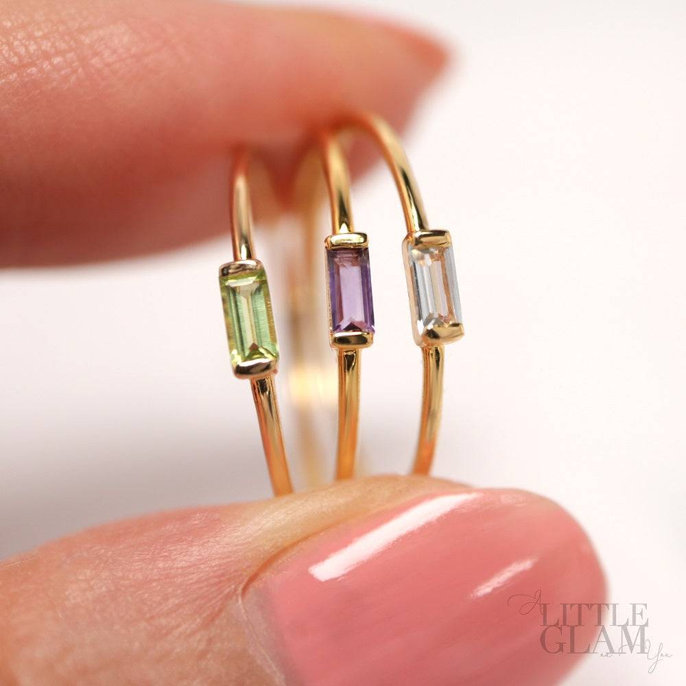 14k Solid Yellow Gold Delicate Baguette Birthstone Ring Birthstones